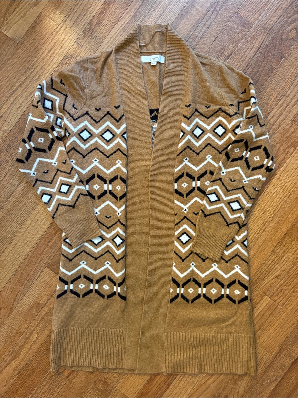 LOFT Camel Geometric Open-Front Cardigan